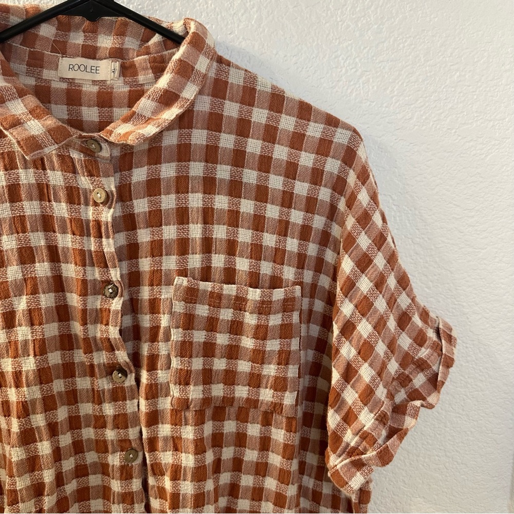 ROOLEE women’s checkered top SZ XL Rust & cream colored